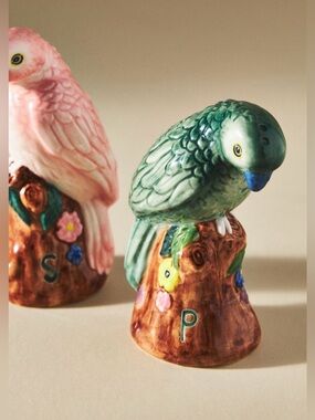 Anthropologie Green and Pink Ceramic Parrot Salt & Pepper Shakers